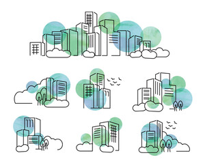 フラットな線画イメージ淡い水彩の都市の景観イラスト	