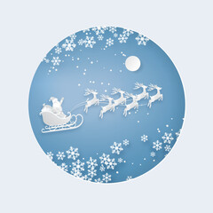 santa claus and reindeer on the sky with snow and ice crystals in the winter season. christmas,vector paper art concept.