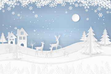 Deers famiry in the forest with snow in the winter season. christmas, new year card and vector paper art circle concept.