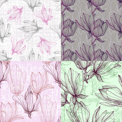 Seamless Floral Pattern. Magnolia Flowers and Leaves Background. Design Element for Greeting Cards and Wedding, Birthday and other Holiday and Invitation Cards.