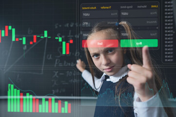 Portrait of a caucasian girl in the classroom. Schoolgirl writes a formula on a blackboard and points her finger at stock charts on a virtual screen. 