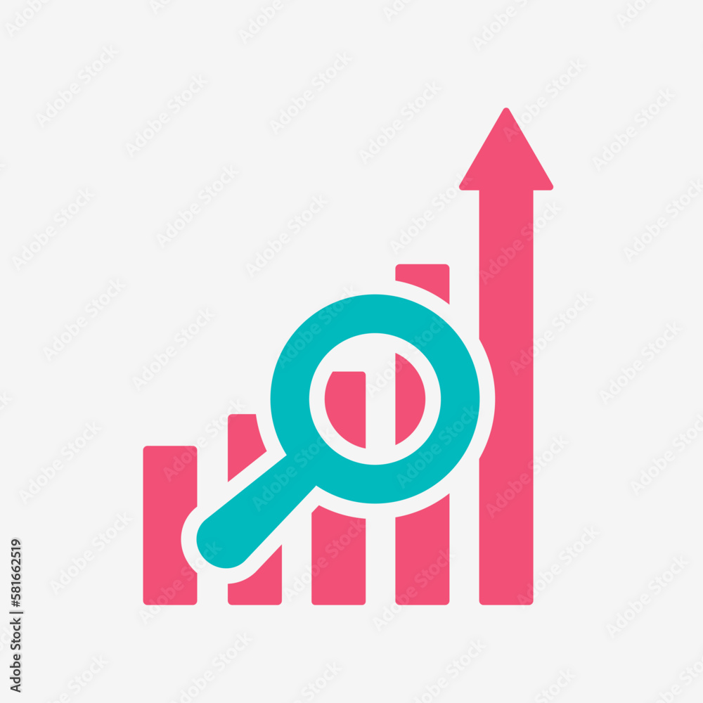Poster growing graph with magnifying glass. chart columns, highest one ends with up arrow. a magnifying gla