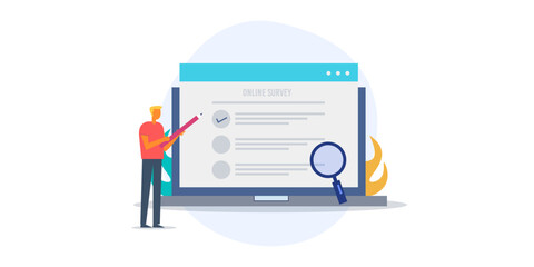 Fototapeta premium Customer with online survey website. Business checklist concept, vector illustration.