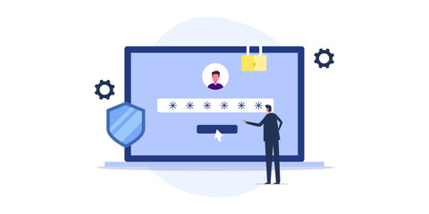 Businessman putting password to access online website information document financial data concept, business cyber security online privacy concept, vector illustration.