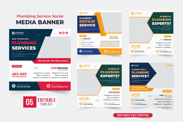 Plumbing business promotional web banner bundle for social media marketing. Plumber and handyman hiring template set vector with yellow and dark colors. Plumbing service social media post collection.