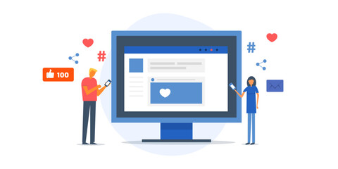 People with smartphone using social media app, content posting on social network, digital marketing promotion love, like, share concept, vector illustration.