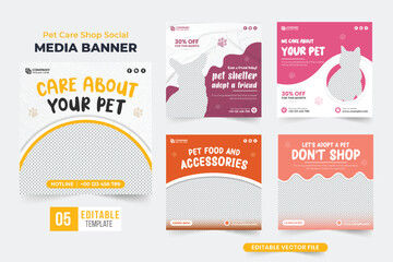 Pet care shop social media post template collection for marketing. Pet adoption promotional web banner set vector with photo placeholders. Animal shelter and pet food poster bundle design.