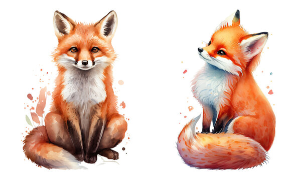 Watercolor Cute Red Fox. Generative AI	