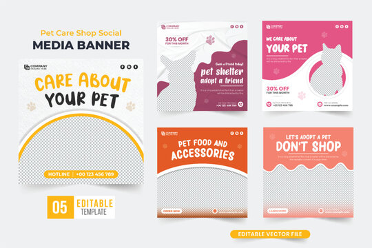 Pet care shop social media post template collection for marketing. Pet adoption promotional web banner set vector with photo placeholders. Animal shelter and pet food poster bundle design.