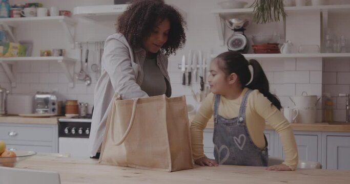 Mother And Daughter Unpacking Groceries Shopping At Home