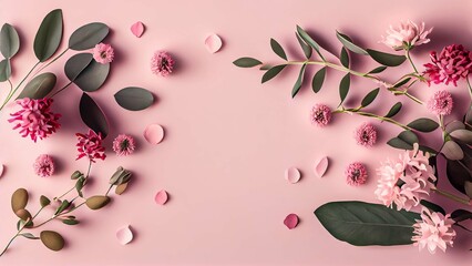 Pink flowers and eucalyptus branches on a pink background
