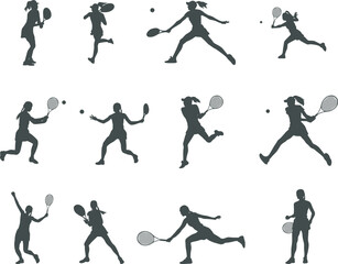 Female tennis player silhouettes , Tennis player silhouette , Woman tennis player vector, Tennis player SVG, Tennis silhouettes