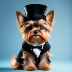 Yorkshire terrier in a black top hat, black tuxedo and bowtie. Generative AI - obrazy, fototapety, plakaty