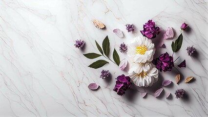 White and Purple Flowers on a Polished Marble Background
