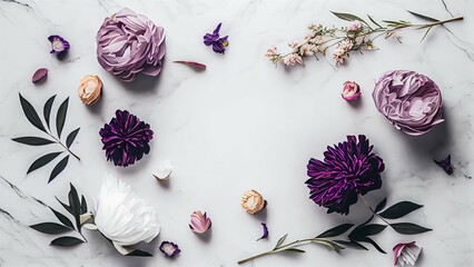 Fototapeta na wymiar White and Purple Flowers on a Polished Marble Background
