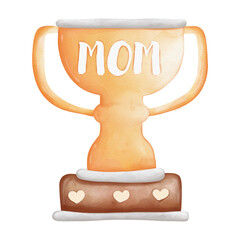watercolor trophy, gold winner cup, Mother's Day Element, Hand Drawn Illustration