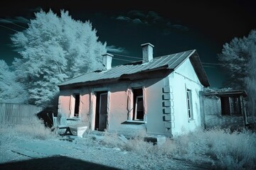 Abandoned House, Photographed with Infrared Camera, Searching for Ghosts or Astral Entities, in the middle of the hill, with no neighbors, generative ai
