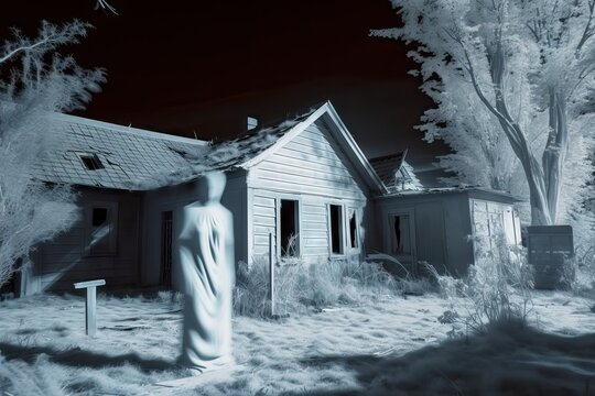Eerie Abandoned House, Infrared Ghostly Apparitions: Specters & Wandering Souls Unveiled, photographed in infrared picture, generative ai