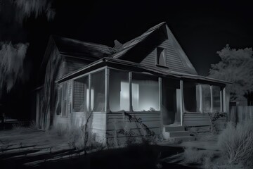 Obraz premium Abandoned House, Photographed with Infrared Camera, Searching for Ghosts or Astral Entities, in the middle of the hill, with no neighbors, generative ai