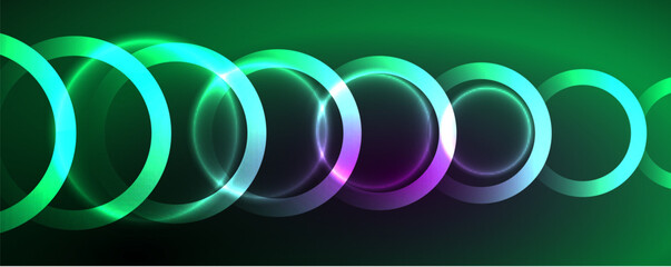 Neon glowing circles and round shape lines, magic energy space light concept, abstract background wallpaper design