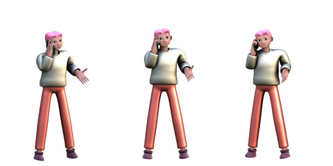 3D ILLUSTRATION RENDERING OBJECT ELEMENT FOR GRAPHICS PORTRAIT PERSONALITY GESTURE MODEL CARTOON CHARACTER MAN YOUNG MALE STANDING ON ISOLATED WHITE BACKGROUND MINIMAL HUMAN TALKING MOBILE SMART PHONE