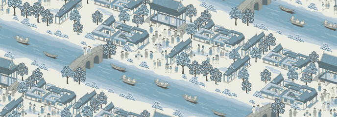 Seamless pattern vector illustration of Korean old buildings and people located on the riverside