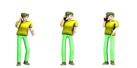 3D ILLUSTRATION RENDERING OBJECT ELEMENT FOR GRAPHICS PORTRAIT PERSONALITY GESTURE MODEL CARTOON CHARACTER MAN YOUNG MALE STANDING ON ISOLATED WHITE BACKGROUND MINIMAL HUMAN TALKING MOBILE SMART PHONE