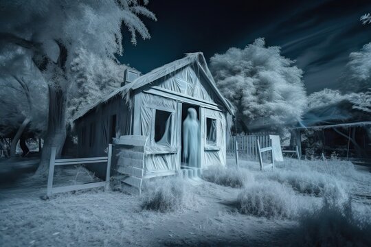 Eerie Abandoned House, Infrared Ghostly Apparitions: Specters & Wandering Souls Unveiled, photographed in infrared picture, generative ai