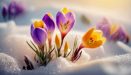 Fototapeta na wymiar Spring Flowers - Colorful Crocus Blossoms On Melt Snow With Defocused Sunlight - The End Of Winter - Springtime - Generative AI
