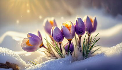 Spring Flowers - Colorful Crocus Blossoms On Melt Snow With Defocused Sunlight - The End Of Winter - Springtime - Generative AI