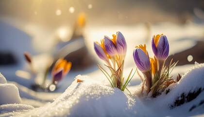 Plakat Spring Flowers - Colorful Crocus Blossoms On Melt Snow With Defocused Sunlight - The End Of Winter - Springtime - Generative AI