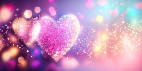 Shiny Pastel Pink Yellow Blue Heart Glitter In Abstract Defocused Background - Heart Bokeh - Space for copy - Christmas And New Year Texture. Generative AI