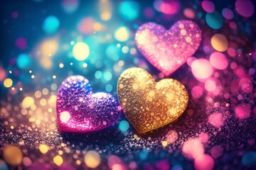 Fototapeta premium Shiny Pastel Pink Yellow Blue Heart Glitter In Abstract Defocused Background - Heart Bokeh - Space for copy - Christmas And New Year Texture. Generative AI