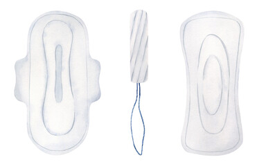 Set of white clean sanitary pads and tampon. Women's personal hygiene product. White hygienic pad. Watercolor illustration. Isolated.