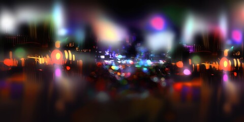 Fototapeta na wymiar Abstract city lights bokeh motion blur streaks, long exposure bright colorful illuminated streets and glowing windows, background out of focus wide angle - generative AI.