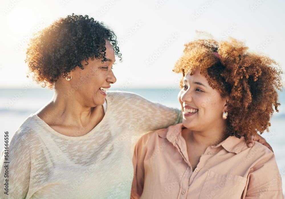 Sticker Family, mother and adult daughter hug with smile and happiness outdoor, travel and adventure on vacation. People at beach, happy women and love, care and support, relationship and freedom in the sun