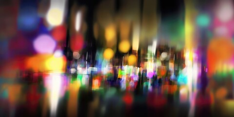 Fototapeta na wymiar Abstract city lights bokeh motion blur streaks, long exposure bright colorful illuminated streets and glowing windows, background out of focus wide angle - generative AI.