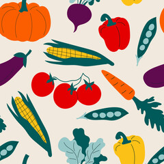 Hand drawn vegetables on a light background. Seamless vegetable vector illustration. Flat corn, pumpkin, beets, peas, carrots. Natural print for online store, food delivery, cooking courses.