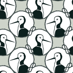 Fototapeta premium Vector seamless pattern with hand drawn elegant Pied stilt in nautical rope frame. Ink drawing, decorative graphic style. Beautiful design elements, perfect for prints and patterns