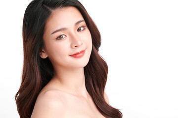 Fototapeta premium Beautiful young asian woman with clean fresh skin on white background, Face care, Facial treatment, Cosmetology, beauty and spa, Asian women portrait.