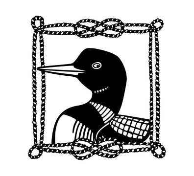 Vector card with hand drawn elegant Common Loon in nautical rope frame. Ink drawing, decorative graphic style. Beautiful wildlife or fishing tackle retailing business design elements.