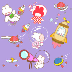 Cute Kawaii Cute bunny funny Sweet rabbit Astronaut with Rocket and Earth star sticker phone