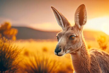Naklejka na ściany i meble Kangaroo in the light of the sun in savanna. Generative AI.