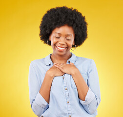 Black woman, happy and self love with hands on chest for gratitude, peace and calm with eyes closed...