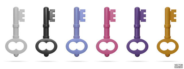 Key icon isolated on white background. Set of 3d colorful keys. Protection, security, real estate concept. White, black, blue, pink, purple, yellow  keys. 3D vector illustration.