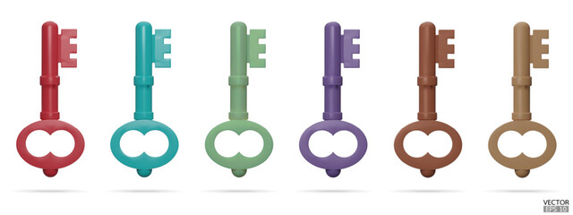 Key icon isolated on white background. Set of 3d colorful keys. Protection, security, real estate concept. Red, blue, green, purple, brown keys. 3D vector illustration.