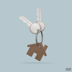 The keys with the wooden house keychain. Real estate agents give keys. Rent housing banner template. 3D vector illustration.