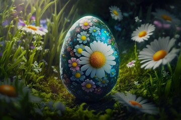Obraz na płótnie Canvas Decorated easter egg surrounded by spring flowers. Generative AI