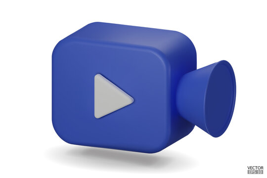 Blue Video camera icon isolate on white background. 3d Realistic movie icon, play button for the interface of applications and web pages. Video, streaming, multimedia concept. 3D vector illustration.