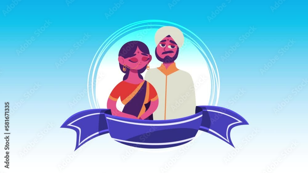 Sticker indians couple with ribbon frame animation